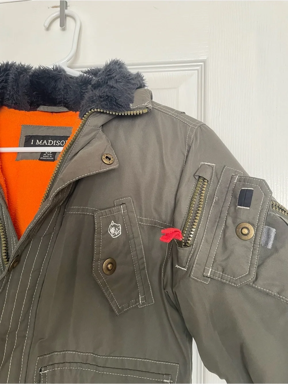 1 Madison Olive Green Kids size L/7 Puffer Jacket with Orange Lining Winter Coat